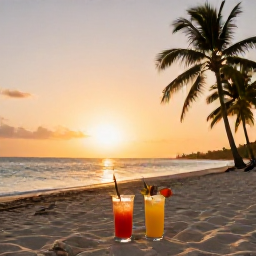 Caribbean Holidays, Cuba Adults Only, Golden sunset over a Cuban beach with palm trees, calm sea and two glasses of cocktails in the foreground