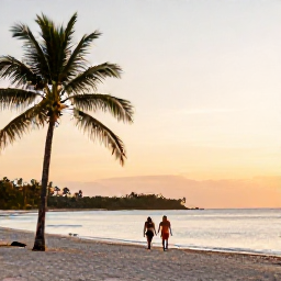 Caribbean Holidays, Cuba Adults Only June, A couple walking along Varadero beach in Cuba at sunset, with soft golden light, calm water and palm trees