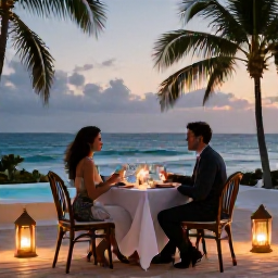 Caribbean Holidays, Cuba Adults Only June, Romantic dinner for two at an adults-only Cuban resort beside the sea at dusk, with lanterns and a relaxed atmosphere