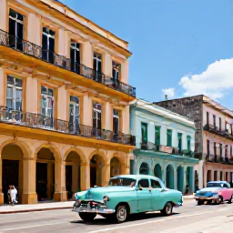 Caribbean Holidays, Cuba Adults Only March, Colourful classic American cars passing pastel colonial buildings in Havana, Cuba, on a sunny March day