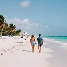 Caribbean Holidays, Cuba Adults Only March, Couple walking along a wide white-sand beach in Varadero, Cuba, during a warm March afternoon