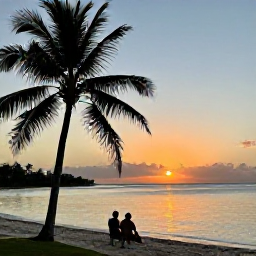Caribbean Holidays, Cuba Adults Only March, Cuban sunset over a calm Caribbean beach, with palm silhouettes and a couple enjoying a peaceful evening