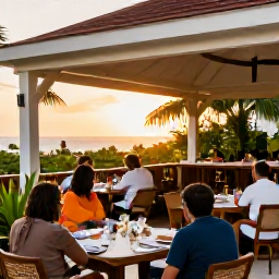 Caribbean Holidays, Cuba Adults Only March, Elegant adults-only resort restaurant in Cuba with an open-air terrace, tropical plants and guests enjoying dinner at sunset