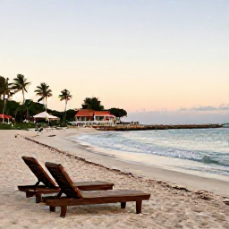 Caribbean Holidays, Cuba Adults Only, Quiet Cuban beach at dawn with two sun loungers, gentle waves and a small adults-only resort in the background