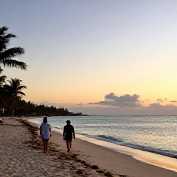 Caribbean Holidays, Cuba Adults Only, Quiet Cuban resort beach at sunset, couples walking beside calm water and soft golden light