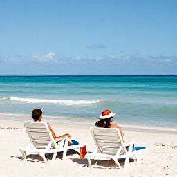 Caribbean Holidays, Cuba Adults Only, Quiet Cuban resort beach with couples relaxing on sun loungers, clear water and gentle April sunshine