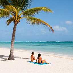 Caribbean Holidays, Cuba Adults Only September, Couple relaxing on a quiet white-sand Cuban beach with palm trees and calm turquoise sea