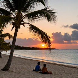 Caribbean Holidays, Cuba Adults Only September, Cuban sunset over a palm-fringed beach with a couple enjoying a relaxed evening by the sea