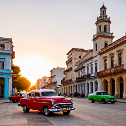 Caribbean Holidays, Cuba Adventure February, Colourful classic American cars outside a lively music-filled square in Havana at sunset