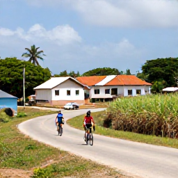 Caribbean Holidays, Cuba Adventure February, Cyclists riding along a quiet Cuban country road past sugar cane fields and traditional villages