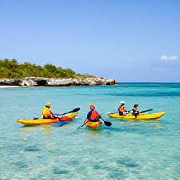 Caribbean Holidays, Cuba Adventure February, Kayakers paddling through clear turquoise water beside Cuba's rugged coastline in warm February sunshine