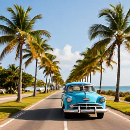 Caribbean Holidays, Cuba Adventure Holidays, A colourful classic American car driving along a palm-lined Cuban coastal road in warm June sunshine