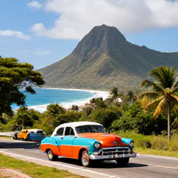 Caribbean Holidays, Cuba Adventure Holidays, A colourful classic car travelling along a scenic Cuban coastal road with mountains and tropical vegetation