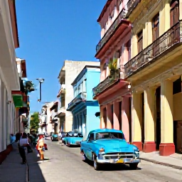Caribbean Holidays, Cuba Adventure Holidays, A colourful Cuban street in Havana at midday, with classic American cars, colonial buildings and local people walking in bright summer light