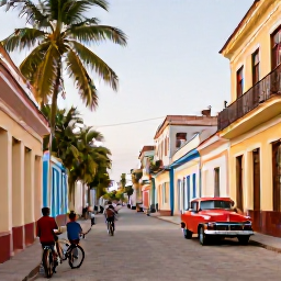 Caribbean Holidays, Cuba Adventure Holidays, A colourful Cuban village street with classic American cars, bicycles, palm trees and friendly local people in warm afternoon light