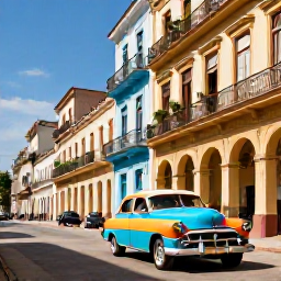 Caribbean Holidays, Cuba Adventure Holidays, A colourful vintage car driving through Havana in warm January sunshine, with historic colonial buildings and lively streets