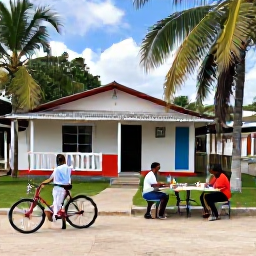 Caribbean Holidays, Cuba Adventure Holidays, A friendly Cuban countryside scene with a small guesthouse, palm trees, bicycles and travellers enjoying a relaxed outdoor lunch