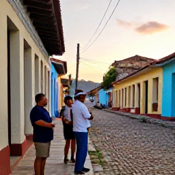 Caribbean Holidays, Cuba Adventure Holidays, A friendly Cuban guide speaking with travellers beside a historic street in Trinidad at golden evening light
