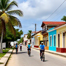 Caribbean Holidays, Cuba Adventure Holidays, A guided cycling group riding along a quiet Cuban road past palms, villages and colourful colonial houses in warm July sunshine