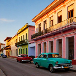 Caribbean Holidays, Cuba Adventure Holidays, A lively Cuban street in August with colourful colonial buildings, classic American cars and warm evening light