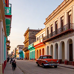 Caribbean Holidays, Cuba Adventure Holidays, A lively Cuban street in September with colourful colonial buildings, classic cars and warm evening light