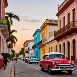 Caribbean Holidays, Cuba Adventure Holidays, A lively Havana street in November with colourful classic cars, colonial buildings, palm trees and warm evening light