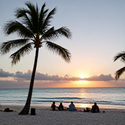 Caribbean Holidays, Cuba Adventure Holidays, A relaxed Cuban beach at sunset with palm trees, calm turquoise sea and travellers enjoying the final light after an adventurous day