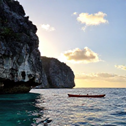 Caribbean Holidays, Cuba Adventure Holidays, A rugged Cuban coastline at sunrise with turquoise sea, limestone cliffs and a small sea kayak in the foreground
