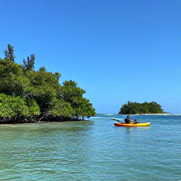 Caribbean Holidays, Cuba Adventure Holidays, A sea kayak gliding through calm turquoise water beside mangroves on the Cuban coast, with a small tropical island in the background