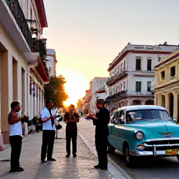 Caribbean Holidays, Cuba Adventure Holidays, A sunset scene in Havana with musicians playing outdoors beside a classic American car and historic architecture