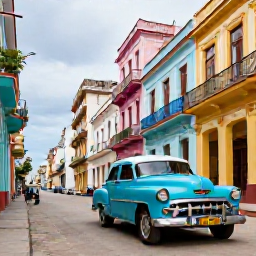 Caribbean Holidays, Cuba Adventure Holidays, Classic American cars and colourful colonial buildings along a lively street in Havana, Cuba