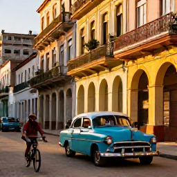 Caribbean Holidays, Cuba Adventure Holidays, Classic colourful cars and cyclists travelling along a lively Havana street with colonial buildings and warm evening light