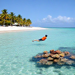 Caribbean Holidays, Cuba Adventure Holidays, Clear turquoise water beside a quiet Cuban beach, with a snorkeller above a colourful coral reef and palm trees along the shore