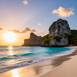Caribbean Holidays, Cuba Adventure Holidays, Cuban coastline at sunrise with turquoise water, sandy beach and rugged limestone landscape