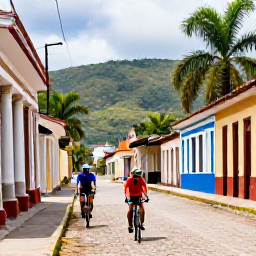 Caribbean Holidays, Cuba Adventure Holidays, Cyclists riding through the Cuban countryside near Trinidad, with colonial buildings, palms and distant green hills