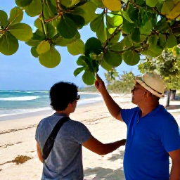 Caribbean Holidays, Cuba Adventure Holidays, Friendly Cuban travel adviser showing an itinerary to visitors beside a tropical beach and leafy countryside