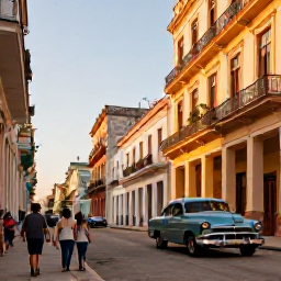 Caribbean Holidays, Cuba Adventure Holidays, Havana street scene at golden hour with classic American cars, colourful colonial buildings and travellers exploring on foot
