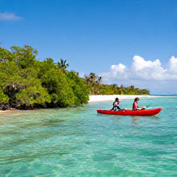 Caribbean Holidays, Cuba Adventure Holidays, Kayaker paddling through clear Caribbean water beside mangroves and a quiet tropical beach in Cuba