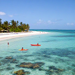 Caribbean Holidays, Cuba Adventure Holidays, Kayakers and snorkellers enjoying clear turquoise water beside a quiet Cuban beach with coral reefs visible below