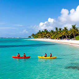 Caribbean Holidays, Cuba Adventure Holidays, Kayakers paddling through clear turquoise water beside a sandy beach and tropical coastline in Cuba