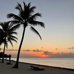 Caribbean Holidays, Cuba Adventure Holidays, Traveller relaxing on a quiet Cuban beach at sunset with palm trees and calm Caribbean sea