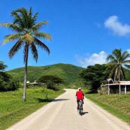 Caribbean Holidays, Cuba Adventure Holidays, Travellers cycling along a quiet road through green Cuban countryside, with palms, low hills and bright blue skies