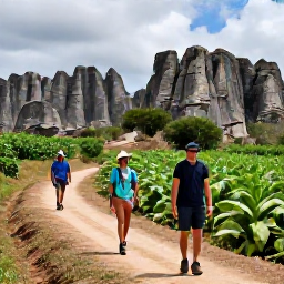Caribbean Holidays, Cuba Adventure Holidays, Travellers hiking through the green Vi&ntilde;ales Valley in Cuba, surrounded by dramatic limestone mogotes and tobacco fields