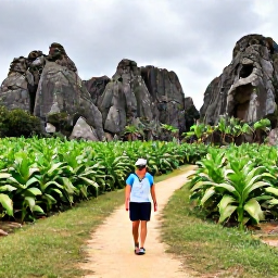 Caribbean Holidays, Cuba Adventure Holidays, Travellers hiking through the green Vi&ntilde;ales Valley in Cuba, surrounded by limestone mogotes, tobacco fields and dramatic tropical countryside