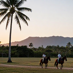 Caribbean Holidays, Cuba Adventure Holidays, Travellers riding horses through a rural Cuban valley at sunset, with palm trees and distant mountains