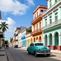 Caribbean Holidays, Cuba Adventure Holidays, Vintage classic car driving along a colourful street in Havana with colonial buildings and palm trees