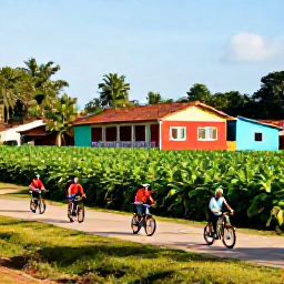 Caribbean Holidays, Cuba Adventure Holidays, Visitors cycling past tobacco fields and colourful houses in the Vi&ntilde;ales Valley of Cuba during a sunny afternoon