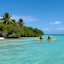 Caribbean Holidays, Cuba Adventure March, Kayakers exploring clear turquoise water along Cuba&rsquo;s tropical coastline on a sunny March day, with mangroves and palm trees nearby