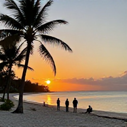 Caribbean Holidays, Cuba Adventure March, Relaxed travellers watching sunset from a Cuban beach after an active day, with calm sea, palm trees and golden evening light