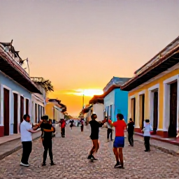 Caribbean Holidays, Cuba Adventure March, Salsa dancers and friendly locals in a lively Trinidad square at sunset, with colourful colonial buildings and cobbled streets